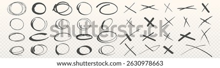 Hand drawn cross and circle signs set isolated on transparent background. Vector realistic illustration of black pencil, pen, marker highlight doodles, abstract handwritten scribbles, grungy squiggles