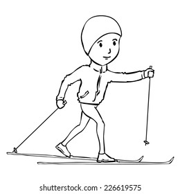 Hand drawn cross country skier. Vector cartoon illustration. Contour black and white drawing. Isolated on white.