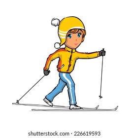 Hand drawn cross country skier. Vector cartoon illustration. Isolated on white.