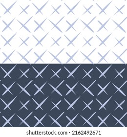 Hand drawn cross, doodle line seamless pattern. Geometrical abstract paint brush strokes grid. White or blue easy editable color background. Vector