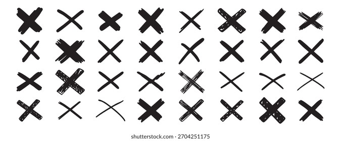 Conjunto de rabiscos de cruz desenhados à mão. Coleção de marcas X. Símbolos de marca de verificação abstratos para elementos de interface do usuário e design. Ilustração vetorial