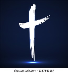 Hand drawn cross, grunge cross, glowing christian symbol