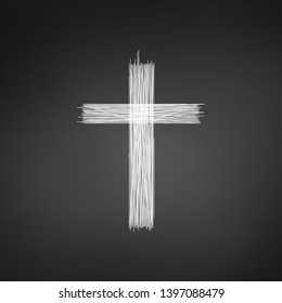 Hand drawn cross. Grunge cross. Cross made with pencil. Line cross. Vector illustration isolated on black background.