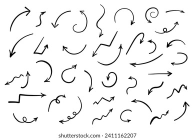 Hand drawn cross line arrows set. Vector doodle curvy and wavy arrows isolated on white background.