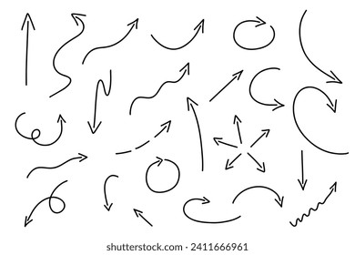 Hand drawn cross line arrows set. Vector doodle curvy and wavy arrow isolated.