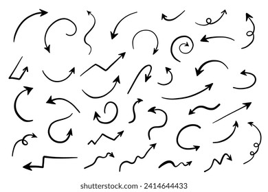 Hand drawn cross line arrows set. Vector doodle curvy and wavy arrows isolated on white background.