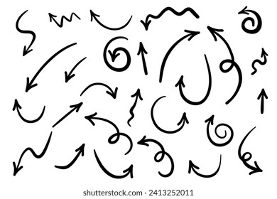 Hand drawn cross line doodle arrows set. Vector curvy and wavy arrow isolated.
