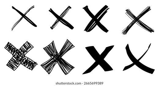 Dibujado a mano marca cruzada. doodle conjunto de signo incorrecto o marca falsa. Ilustración vectorial