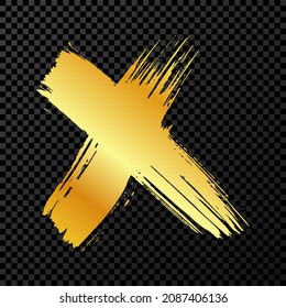 Hand drawn cross symbol. Gold sketch cross symbol on dark background. Vector illustration