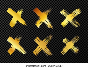 Hand drawn cross symbol. Set of six gold sketch cross symbols on dark background. Vector illustration