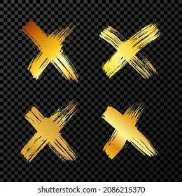 Hand drawn cross symbol. Set of four gold sketch cross symbols on dark background. Vector illustration