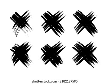 Hand drawn cross symbol. Set of six black sketch cross symbols on white background. Vector illustration