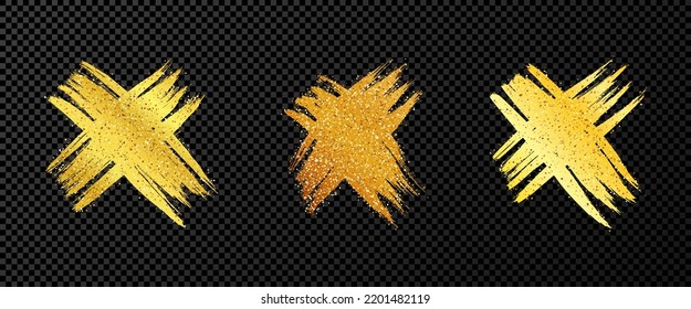 Hand drawn cross symbol. Set of gold sketch cross symbols on dark transparent background. Vector illustration