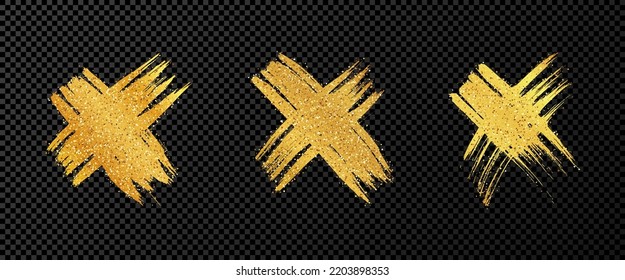Handgezeichnetes Kreuzsymbol. Satz von Goldskizze-Kreuzsymbolen auf dunkeltransparentem Hintergrund. Vektorgrafik