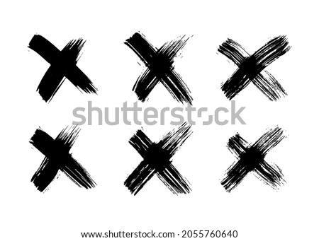 Hand drawn cross symbol. Set of six black sketch cross symbols on white background. Vector illustration