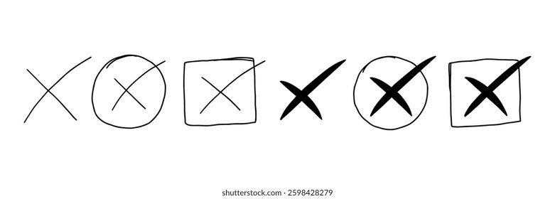 Hand Drawn Cross x Mark Stroke Set. Black Doodle Wrong Ban Vote Check Line Collection. Sketch Vector Illustration