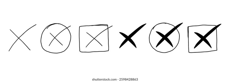 Hand Drawn Cross x Mark Error Set. Black Doodle Wrong Ban Vote Check Line Collection. Sketch Vector Illustration