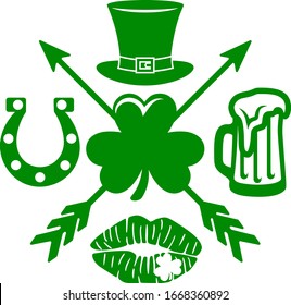 Hand Drawn Crossed Arrows With Patricks Day Symbols For St. Patrick's Day. Funny Patrick's Day Theme Design. 