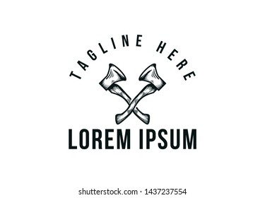 hand drawn crossed ax, lumberjack woodworker logo