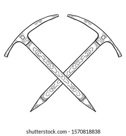 Hand Drawn Crossed Ice Axes. Mountaineering Tools. Vector illustration