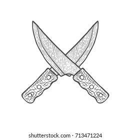 Hand Drawn Crossed Kitchen Knives. Vector illustration