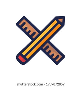 hand drawn crossed pencil and ruler cartoon vector illustration in doodle style isolated on white