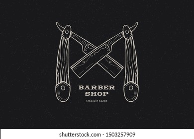 Hand drawn crossed straight razors. Vintage label, hand drawn on the theme of Barber shop and shave. Monochrome linear style. Vector illustration.