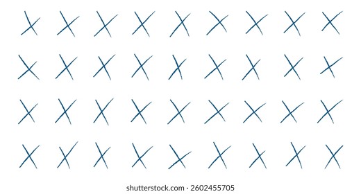 Hand drawn crosses. Crayon pen brush handwritten. Marker stroke, child scribble. Grunge chalk cross set. Strikethrough x doodle lines. Isolated vector illustration on white background.