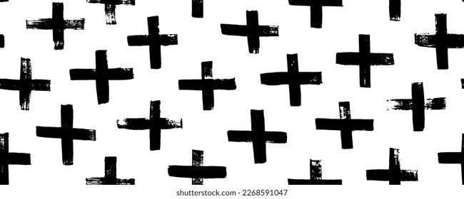 Hand drawn crosses seamless pattern. Vector trendy graphic design. Abstract geometric background with brush strokes. Cross and plus symbols. Hipster monochrome texture. Simple pattern. 