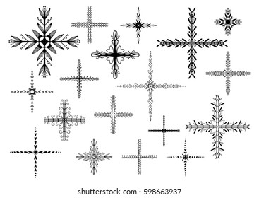 Hand drawn crosses set. Floral ornament motif. Vector illustration isolated on a white background.