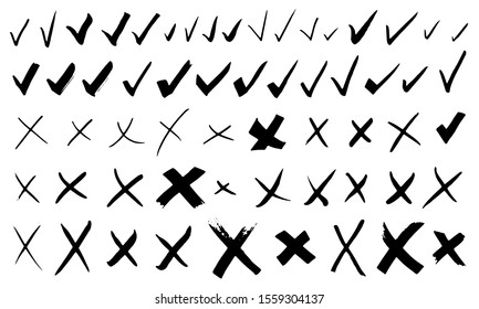 Hand drawn crosses and ticks. Black marker line check marks set