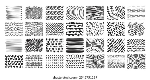 Conjunto de dibujo de línea de rayado dibujado a mano. Diferentes rasguños de pluma. Doodle Vector aislado. . Ilustración vectorial