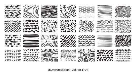Hand drawn crosshatch line drawing set. Different pen scratch. Doodle isolated vector. . Vector illustration