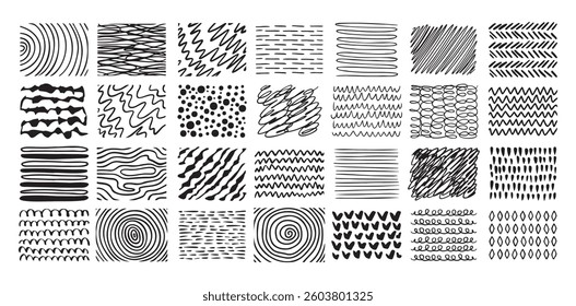 Hand drawn crosshatch line drawing set. Different pen scratch. Doodle isolated vector. . Vector illustration
