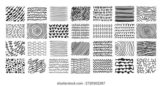 Conjunto de desenho de linha de hachura desenhada à mão. Arranhão diferente da caneta. Fazer doodle de vetor isolado. . Ilustração vetorial