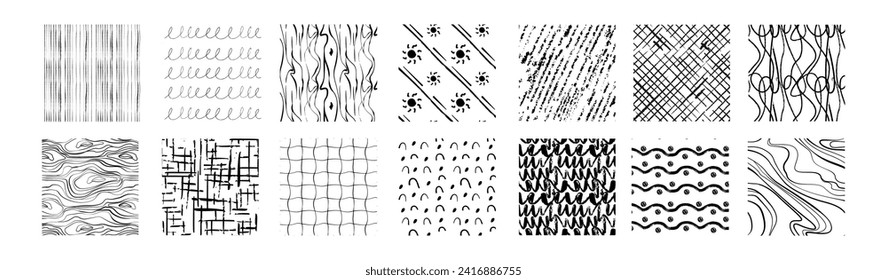 Hand drawn crosshatch pattern vector. Linear hatching in seamless texture. Set of wave strokes, scribbles, sun, squiggles and doodle abstract geometric shapes. Freehand ink pen curve lines collection.
