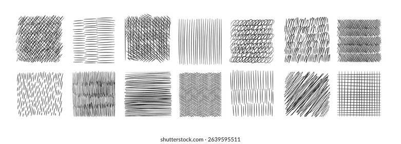 Hand drawn crosshatch. Simple artistic pencil lines, stripe hatch, circular, cell, different angles, black pen strokes. Square shapes with ornaments, black rough textures, garish vector set