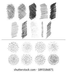 Hand drawn crosshatching, hatching and dotty scatter brush templates. Vector graphic design elements. 