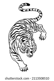 Hand Drawn Crouching Tiger in Black and White style