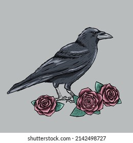 Hand drawn crow with red roses tattoo sketch. Ink black outline with white bleaks. Gothic, romantic mood.