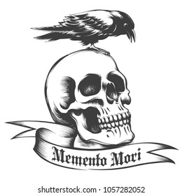 Hand drawn Crow sitting on human skull  and  ribbon with Latin wording Memento Mori what means remember what you have to die isolated on white. Vector illustration.