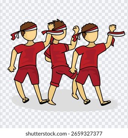 Hombres de multitud dibujados a mano con cintas de bandera para el Día de la Independencia de Indonesia. colección del elemento de Vector