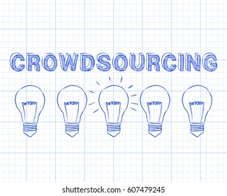 Hand drawn crowdsourcing sign and light bulbs on graph paper background
