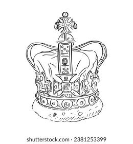 Corona dibujada a mano en línea blanca y negra. Dibujo de líneas inspirado en la monarquía británica.