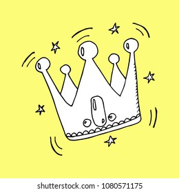 Hand drawn crown. Cartoon style, doodle shiny crown, black and white isolated vector illustration