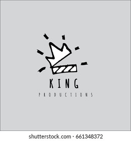 Hand drawn crown and cinema clapper vector logo 