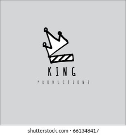 Hand drawn crown and cinema clapper vector logo 