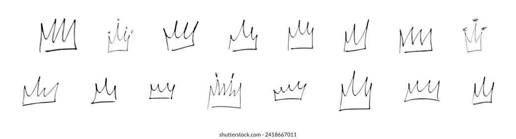 Hand drawn crown doodle, abstract sketch style with brush and crayon lines. icon for queen, king, and princess themes. Flat vector illustration isolated on white background.