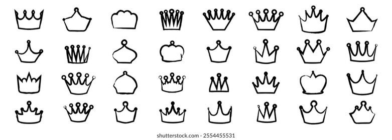 Hand drawn crown doodle set. Line brush stroke texture paint style sketch heraldic symbols. Medieval jewelry in doodle style vector illustration