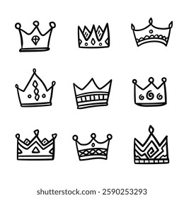 Hand drawn crown doodle set. Various kinds of handmade drawing objects about crown.